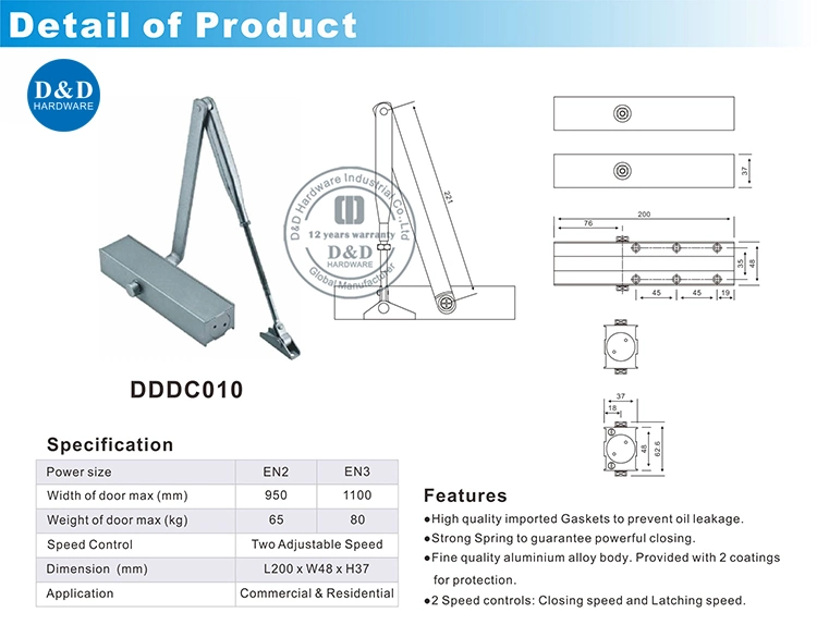 Aluminum Hardware Fitting Adjustable Spring Overhead Outdoor Door Closer Accessories